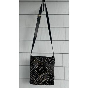Abro Black Leather Crossbody Bag Studded Grommet‎ Boho Patchwork Purse